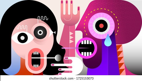 Angry couple arguing shouting blaming each other. Two people are talking and looking at each other, man is crying. Modern art vector illustration.	