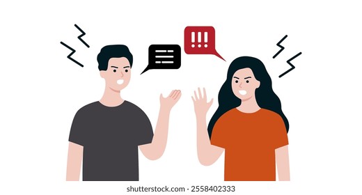 Angry couple argument. Man and woman yelling, shouting to each other. Dating, relationship problem, divorce, communication, conflict concept. Flat vector people character design illustration.