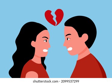 Una pareja enfadada con el corazón roto en diseño plano. Discutiendo con el amante. Relación de ruptura.