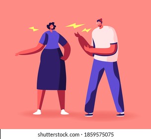 Angry Couple Characters Arguing Shouting Blaming Each Other. Frustrated Husband and Annoyed Wife Quarreling of Bad Marriage Relationships, Unhappy Family Fighting. Cartoon People Vector Illustration