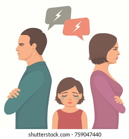 Angry Couple Fight, Parents Divorce, Sad Child Crying, Family Vector Illustration