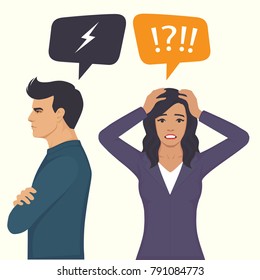 angry couple fight, parents divorce, man and woman conflict, wife and husband relationship, vector illustration