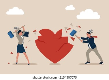 Angry Couple Husband And Wife Using Big Hammer To Hit Broken Heart Shape Metaphor Of Family Problem. Marriage Difficulties Problem, Divorce Or Violence Or Painful In Broken Relationship Couple Concept