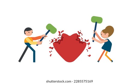 Angry couple husband and wife using big hammer to hit broken heart shape metaphor of family problem.painful in broken relationship couple concept