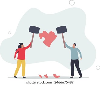 angry couple husband and wife using big hammer to hit broken heart shape metaphor of family problem.flat vector illustration.