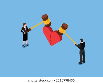 Angry couple husband and wife using big hammer to hit broken heart shape metaphor of family problem 3d isometric vector illustration