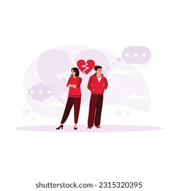 Una pareja enfadada. Sin mirarse y marcados por un corazón roto. El hombre piensa en los problemas de una relación. Ilustración plana vectorial moderna de tendencia.