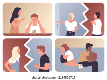 Angry couple quarrel set vector illustration. Cartoon anger fight, divorce of two unhappy married man and woman characters, agressive family conflict and misunderstanding. Love, relationship concept