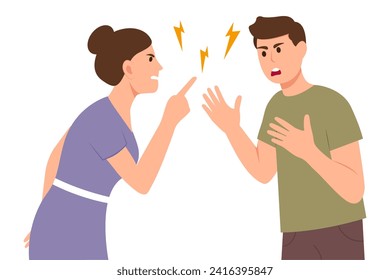 Angry couple quarrel.Conflict, divorce, stress,disagreement concept. Man and woman arguing with each other. Flat vector illustration