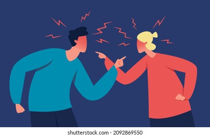 Angry couple shouting at each other, marriage problems. People quarrel, wife and husband arguing, family conflict vector illustration. Man and woman yelling aggressively with angry expression