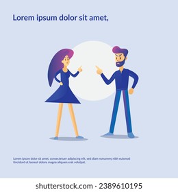 Angry couple shouting at each other, marriage problems. People quarrel, wife and husband arguing, family conflict vector illustration. Man and woman yelling aggressively with angry expression 