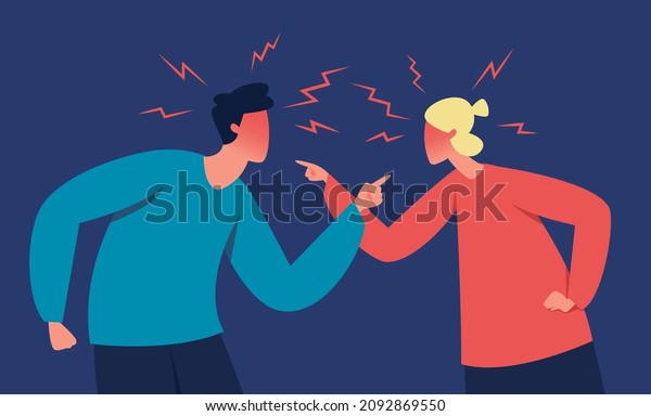 Angry couple shouting at each other, marriage\
problems. People quarrel, wife and husband arguing, family conflict\
vector illustration. Man and woman yelling aggressively with angry\
expression
