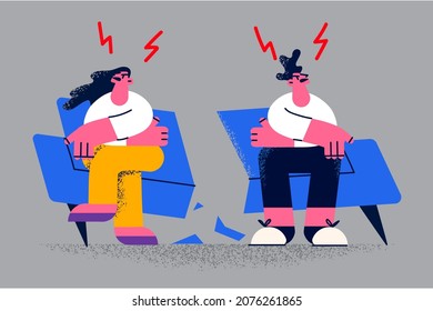 Angry couple sit separately on broken couch have family misunderstanding, think or divorce or breakup. Mad unhappy man and woman quarrel fight at home. Marriage dissolution. Vector illustration.