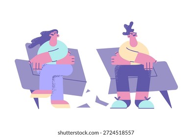 Casal irritado sentar-se separadamente no sofá quebrado têm mal-entendido familiar, pensar ou divórcio ou separação. Mad infeliz homem e mulher brigam em casa. Dissolução do casamento. Ilustração vetorial.