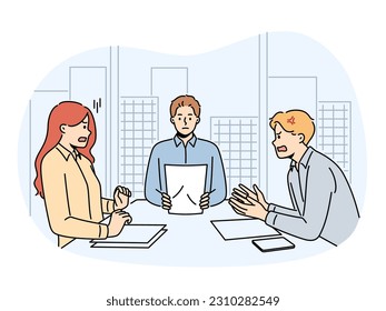 Angry couple sit at table in lawyer office arguing and shouting. Man and woman fight at meeting at notary workplace. Divorce and relationships. Vector illustration. 