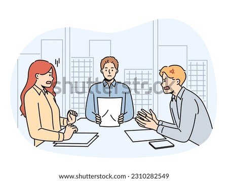 Angry couple sit at table in lawyer office arguing and shouting. Man and woman fight at meeting at notary workplace. Divorce and relationships. Vector illustration. 