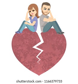 Angry couple sitting on big red broken heart divorce argument breakup concept