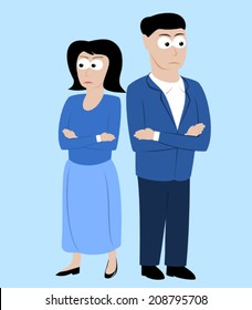 An angry couple standing back to back