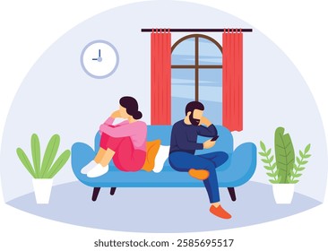 Angry Couple Turning Their Backs Against One Another While Sitting  concept woman Lost in Thoughts Boy Lost in Screens vector design Love romance banner Valentine Day Scene human relation illustration