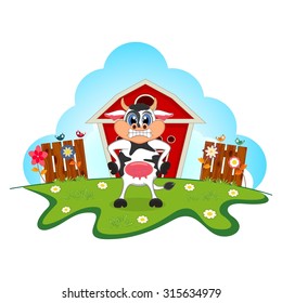 Angry cow cartoon in a farm for your design
