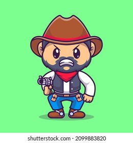 Angry Cowboy Holding Gun Cartoon Vector Icon Illustration. People Holiday Icon Concept Isolated Premium Vector. Flat Cartoon Style