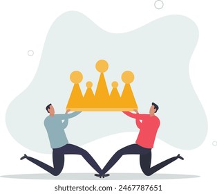 compañero de trabajo enojado luchando por tirar de la corona de oro metáfora de la posición de promoción de empleo. Ilustración vectorial plana.