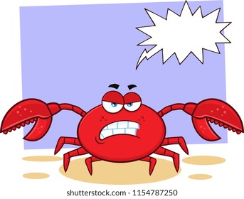 Angry Crab Cartoon Mascot Character. Vector Illustration With Background And Speech Bubble