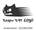 Angry crazy cat fun icon. Fast geometric hand drawn cat vector logo.