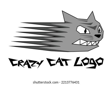Angry crazy cat fun icon. Fast geometric hand drawn cat vector logo.