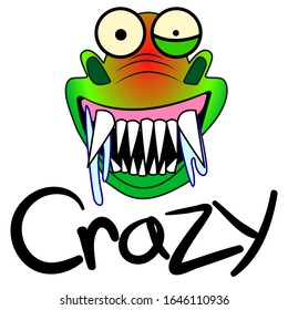 Angry crazy green dinosaur. A dragon with crazy eyes and saliva splashes out of his mouth. Green crocodile in a bad mood. Vector stock reptile with hostility emotion. Sticker with a wicked expression.