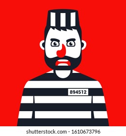 angry criminal in prison striped uniform. Flat character vector illustration.