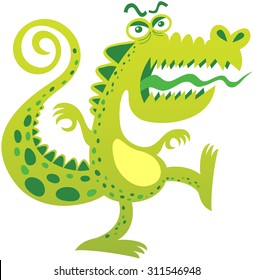 Angry crocodile, with curly tail, bulging eyes, green spotted skin, big mouth and sharp teeth while balancing its body, opening its mouth, sticking its tongue out and yelling in a menacing attitude