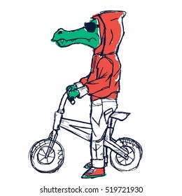 ANGRY CROCODILE ON BMX VECTOR ILLUSTRATION street style artwork with a grey crocodile with a urban clothing on a bmx