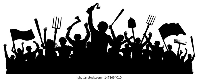 Angry crowd of people. Mass riots. Protest revolution silhouette vector