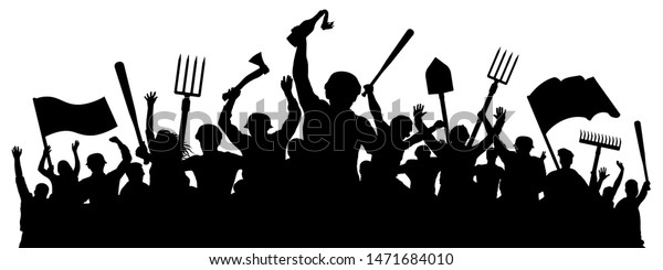 Angry crowd of people. Mass riots. Protest\
revolution silhouette\
vector
