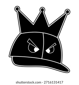 Icono de sombrero de corona enojado aislado sobre fondo blanco, símbolo de personaje plano negro audaz para actitud, poder, rebelión, estilo de calle, mascota, logotipo y conceptos de Diseño gráfico modernos.