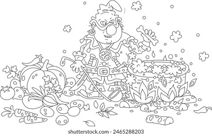 Angry cruel ogre cooking tasty soup from fresh vegetables and bones in his big cauldron on fire in a hearth of a cave, black and white outline vector cartoon illustration for a coloring book