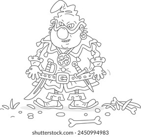 Angry cruel ogre with a sharp sabre and dagger on his belt walking among bones along a path in a forest, black and white vector cartoon illustration for a coloring book