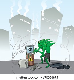 Angry cunning monster hacker infects all computers with a virus. Green goblin climbed out of the sewer. Infected computers smoking from windows of houses. Concept vector illustration