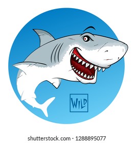 Angry cunning shark with open mouth. Wild calligraphy sign. Vector illustration. Perfect to use for printing on tshirts, mugs, caps, logos, mascots or other advertising design
