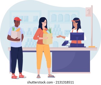 Ilustración aislada del vector 2D del cliente enojado. Comprar comprador. La mujer siente irritación por los personajes planos sobre el fondo de las caricaturas. Lugar colorido de la riña del supermercado para móviles, sitios web, presentación