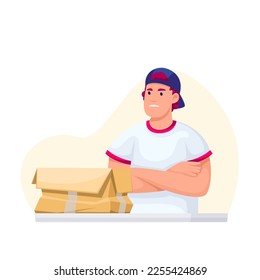 Angry customer with broken cardboard box vector illustration. Cartoon isolated man with upset expression crossing arms near open parcel, client in anger due to damage on paper box and bad service