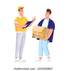 Angry customer with broken damaged cardboard box and courier vector illustration. Cartoon isolated man holding open crumpled wet parcel box with damage and leaking in anger of shipping problem
