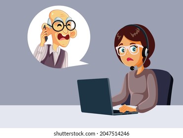 Angry Customer Calling Call Center Operator Vector Illustration. Customer Service Employee Dealing With Complaints From A Grumpy Senior Man
