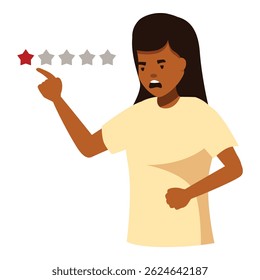Cliente enojado que da una calificación de Comentarios de una estrella, cliente insatisfecho que apunta a una calificación de estrella roja, expresando Comentarios negativo y decepción con el servicio o producto