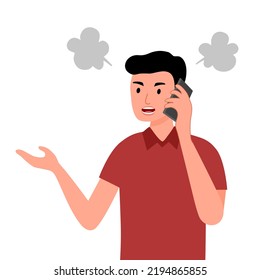 Angry customer man on phone in flat design. Guy upset speaking on mobile.