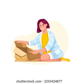 Angry customer with open broken cardboard box vector illustration. Cartoon isolated frustrated upset woman holding damaged crumpled paper packaging, person unpacking package from online store