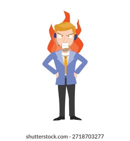 Agente de Servicio al cliente enojado con fuego en la cabeza Ilustración vectorial