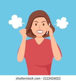 Angry Customer Woman On Phone In Flat Design.