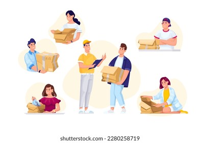 Angry customers with broken cardboard boxes set vector illustration. Cartoon isolated upset male and female clients in anger due to damage, bad shipping box by courier, problem with delivery service